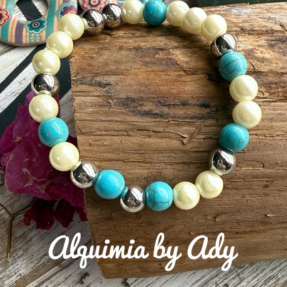 Silver turquoise pearls beaded bracelet for stacking - Picture 1 of 1